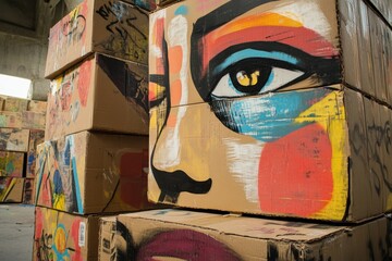 Abstract Painted Cardboard Boxes Stacked High