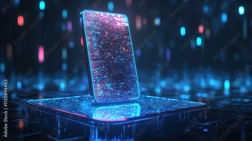 Poster futuristic smartphone displays digital code data
