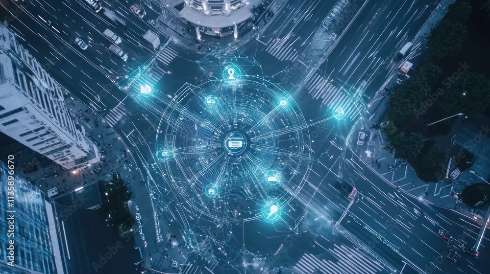 Aufkleber Aerial view of a city intersection enhanced with digital technology and data visualization.