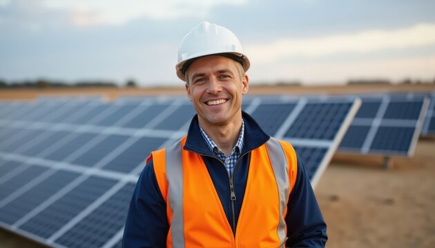 Portrait of a smiling worker with a solar panel - Powered by Adobe