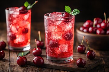Two glasses of cherry juice with ice cubes and a bowl of cherries