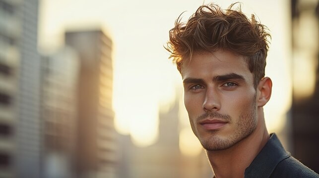 portrait of man with textured hair styled with matte pomade under soft natural light and blurred urban backdrop