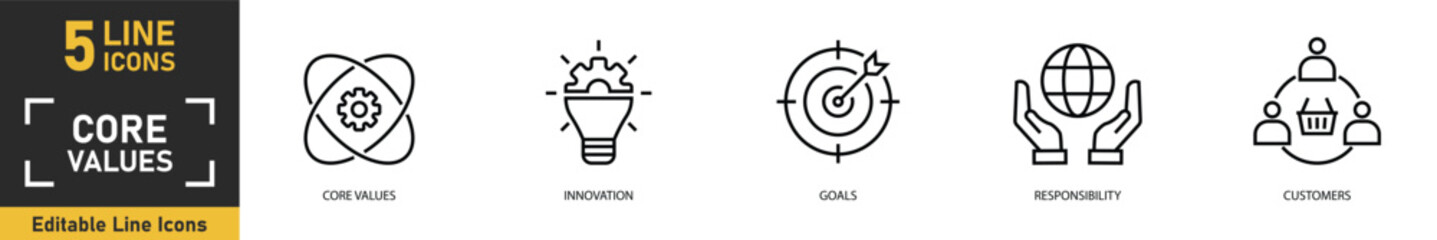 Core Values line icon set. Set of 5 outline icons related to core values, innovation, goals, responsibility, customers and more. Vector illustration.