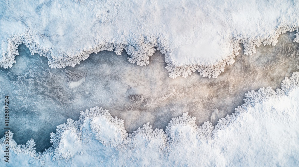 Poster aerial view of a frozen landscape with intricate ice formations surrounding a waterway.