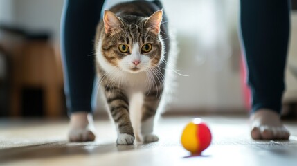 A cat cautiously approaching a new toy, glancing back nervously at its owner.