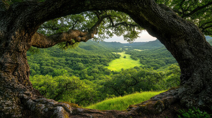 A scenic view framed by a large tree, revealing a lush green landscape with rolling hills and a bright sky.