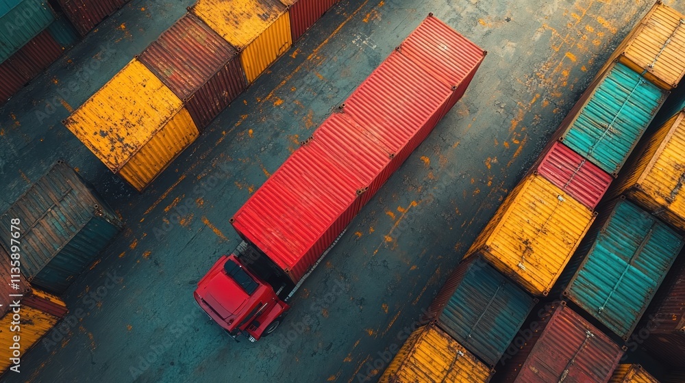 Poster aerial view of a red truck navigating through a container yard filled with colorful shipping contain