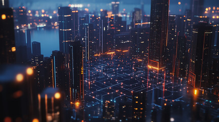 Obraz premium Smart digital Innovation city with connection network reciprocity over the cityscape. of future smart wireless digital city and social media networking systems that connects people with in city