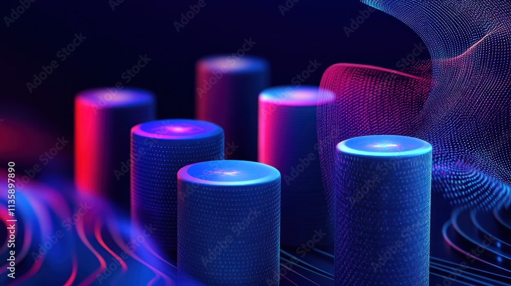 Poster illuminated cylinders representing digital data flow