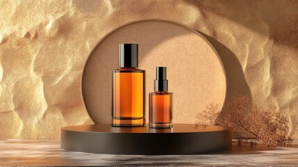 Fototapeta premium Amber Perfume Bottles Displayed On A Circular Pedestal