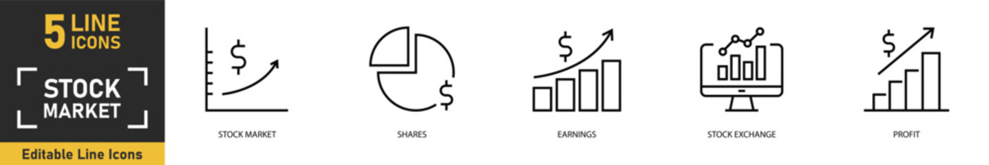 Fototapeta premium Stock Market line icon set. Set of 5 outline icons related to stock market, shares, earnings, stock exchange, profit and more. Vector illustration.