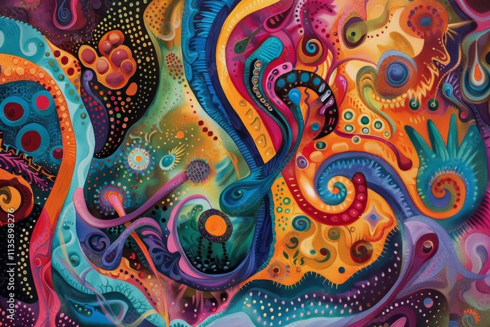 Poster a close-up of a colorful abstract painting with swirling patterns and shapes, a crowd of colorful sh