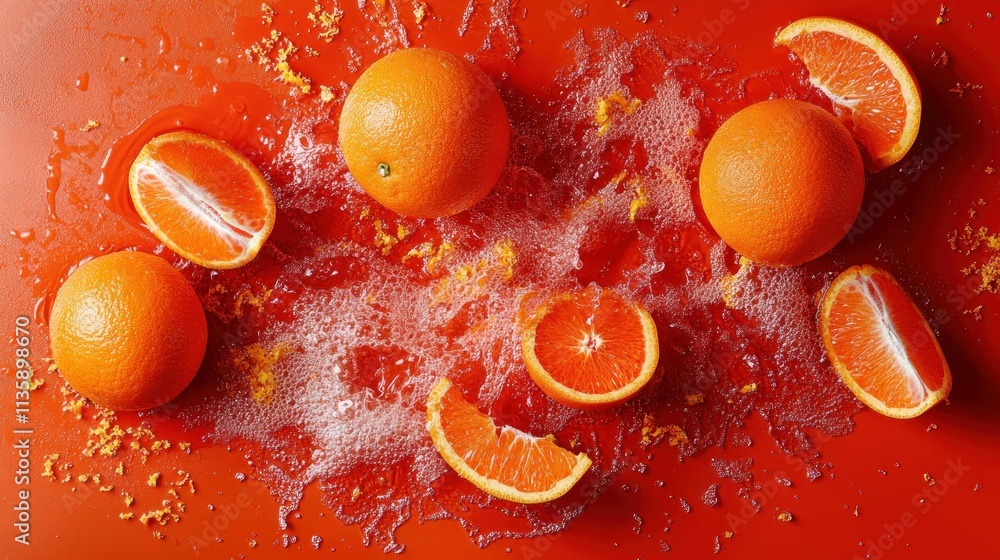 Poster oranges submerged in red citrus juice and zest