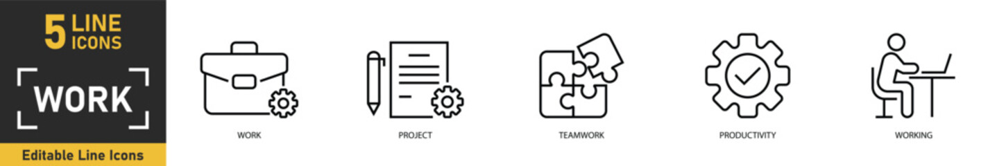 Work line icon set. Set of 5 outline icons related to work, project, teamwork, productivity, working and more. Vector illustration.