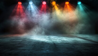 Obraz premium Colorful Stage Lights with Smoke and Concrete Floor