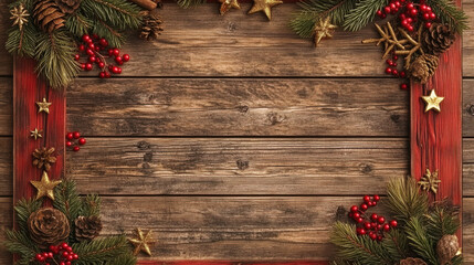 There are pine branches and Christmas balls on the yellow brown wooden board