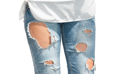 girl in modern ripped jeans isolated on white background