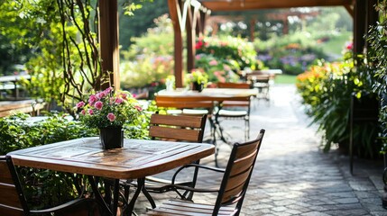 Fototapeta premium A charming restaurant patio with outdoor seating and a garden view.