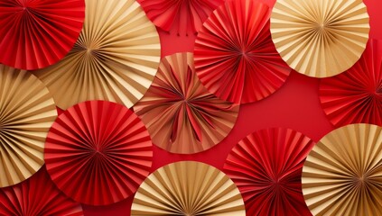 Chinese New Year celebration. Banner design with red paper fans decorations on red background..Chinese New Year celebration. Banner design with red paper fans decorations on red background
