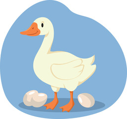 Goose with Eggs Cartoon Vector Illustration Character Mascot. Domesticated bird laying eggs in the farm 
