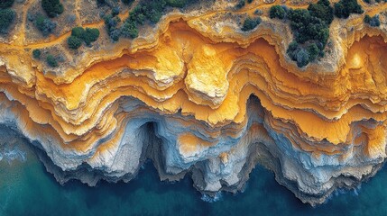 Obraz premium Aerial view of layered cliffs showcasing vibrant orange and gray hues along the coastline.