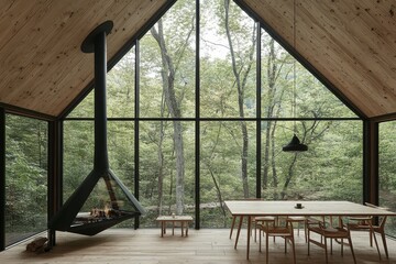 Modern Cozy Interior of a Cabin Surrounded by Nature Featuring a Stylish Fireplace, Large Windows, and Minimalist Wooden Furniture in a Serene Landscape