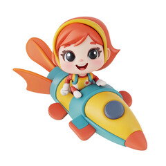 Cute 3d girl riding rocket in adventure theme, isolated on transparent background.