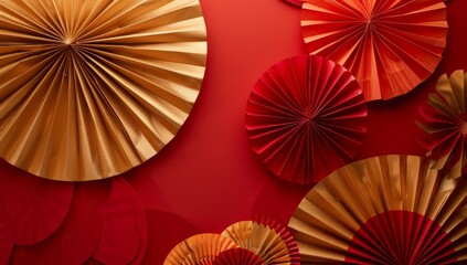 Chinese New Year celebration. Banner design with red paper fans decorations on red background..Chinese New Year celebration. Banner design with red paper fans decorations on red background