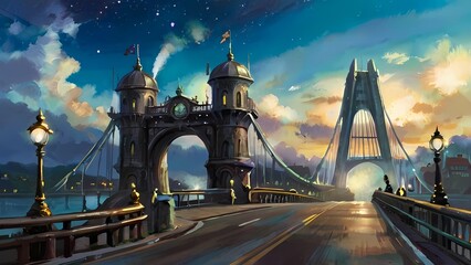 Obraz premium ゲーム背景 夕暮れ空とと大きな橋の通りがある風景 