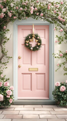 Fototapeta premium Elegant pink door framed by climbing roses and wreath