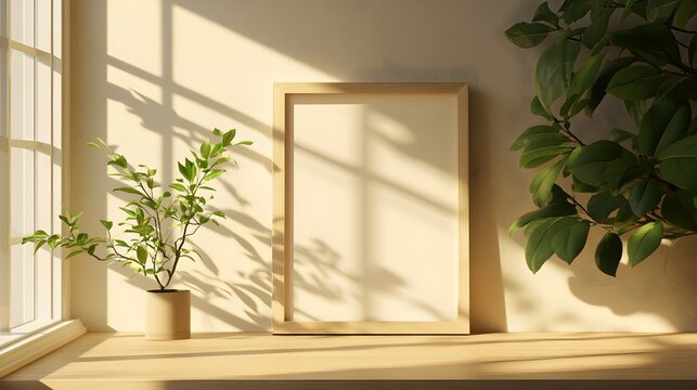 A4 Paper Mockup on Desk showcases a serene workspace with natural light, featuring a wooden frame and lush greenery, ideal for creativity and inspiration.