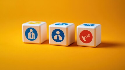 Three white cubes with business, teamwork, and construction icons on an orange background.
