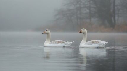 Fototapeta premium Two Graceful Geese in Misty Lake: A Serene Winter Scene
