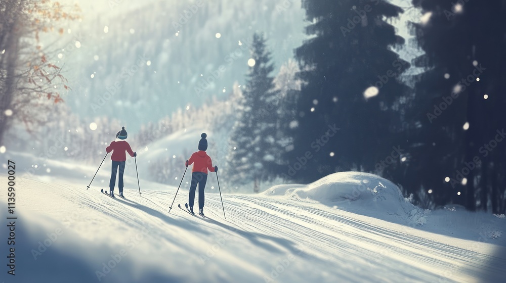 Wall mural Two People Cross Country Skiing in a Snowy Forest