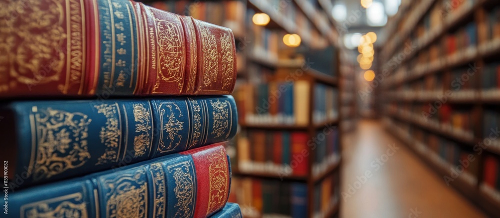 Poster close-up of a stack of old books with intricate detailing in a library.