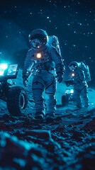 Astronauts exploring a futuristic lunar surface with advanced technology and rovers