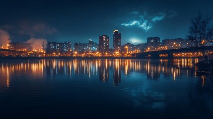 Fototapeta premium Cityscape at Night with Reflections. Urban Landscape, Night City, City Lights, River Reflections