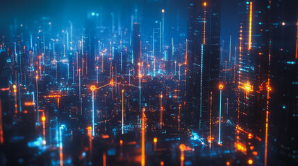 Obraz premium Smart digital Innovation city with connection network reciprocity over the cityscape. of future smart wireless digital city and social media networking systems that connects people with in city