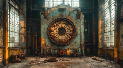 Obraz premium An abandoned industrial space featuring a large, rusted machine with a circular design.
