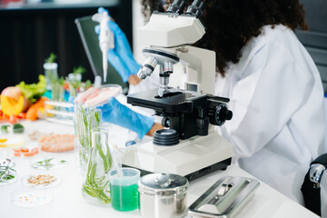 Food science as lab scientists test and analyze vegetables for safety and quality using advanced technology