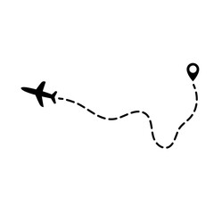 Airplane line path icon. Airplane flight route with start point and dash line trace.