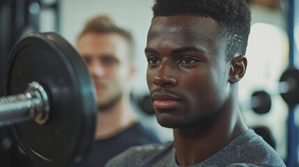 A man is lifting weights and sweating