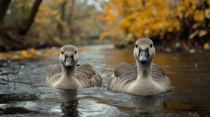 Fototapeta premium Two Geese in Autumn River: Wildlife Photography