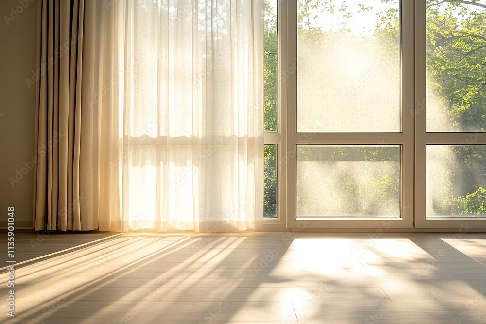 Poster soft natural light pours through large window casting delicate shadows across floor with ample copy 