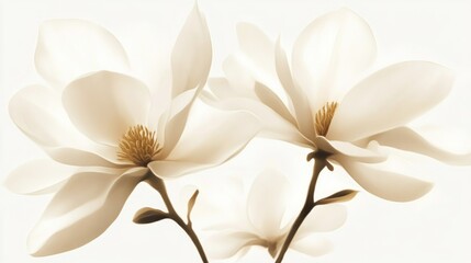 Two creamy white magnolia blossoms on stems against a bright white background.