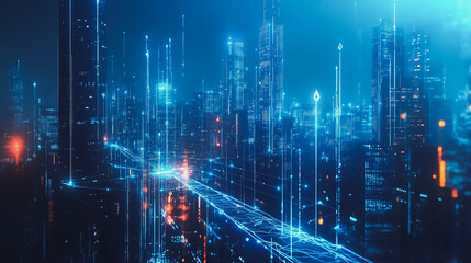 Smart digital Innovation city with connection network reciprocity over the cityscape. of future smart wireless digital city and social media networking systems that connects people with in city