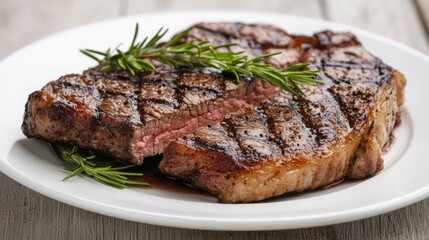 A plate of grilled steaks garnished with fresh rosemary.