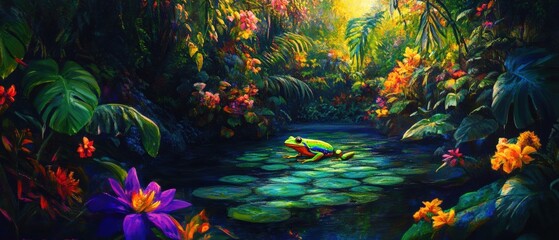 a colorful frog sitting on lily pads in a jungle pond