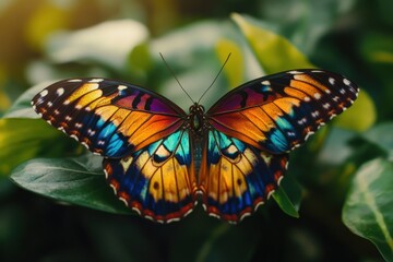 Fototapeta premium close-up of a colorful butterfly on green leaves
