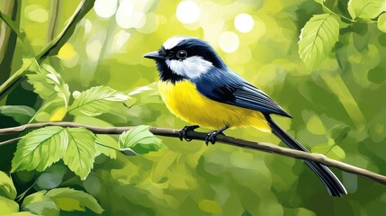 Naklejka premium Yellow and Blue Bird Perched on Branch Amidst Green Leaves